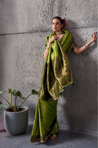 A woman models a green and gold zari-embossed saree against a textured gray concrete wall, with a potted plant on the left. The brand logo 'S.