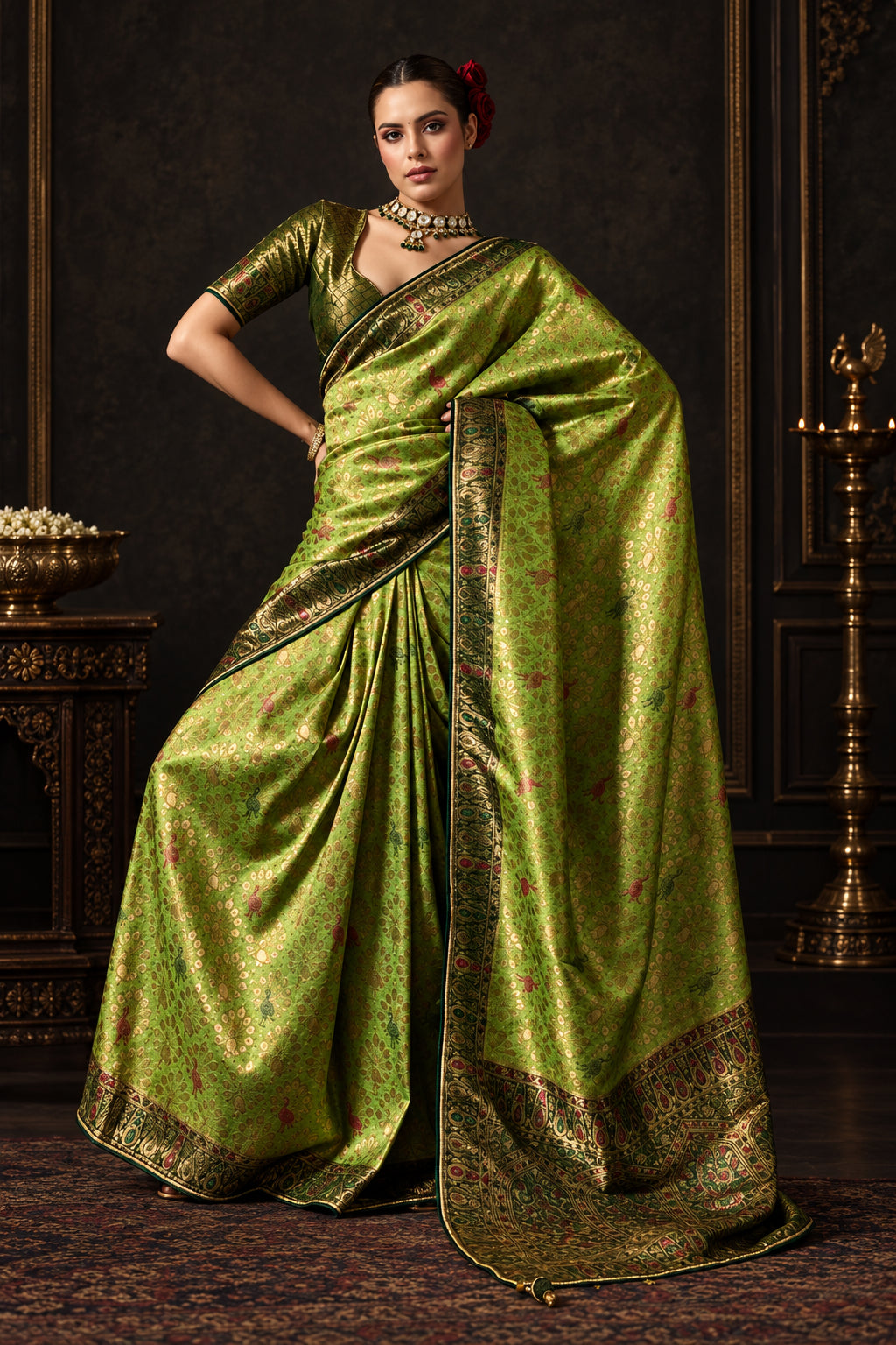 Woman wearing a green saree with a textured wall background