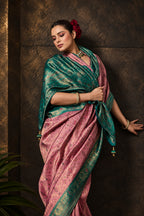 Rose Pink Kanjivaram Silk Meenakari Saree with Teal Border