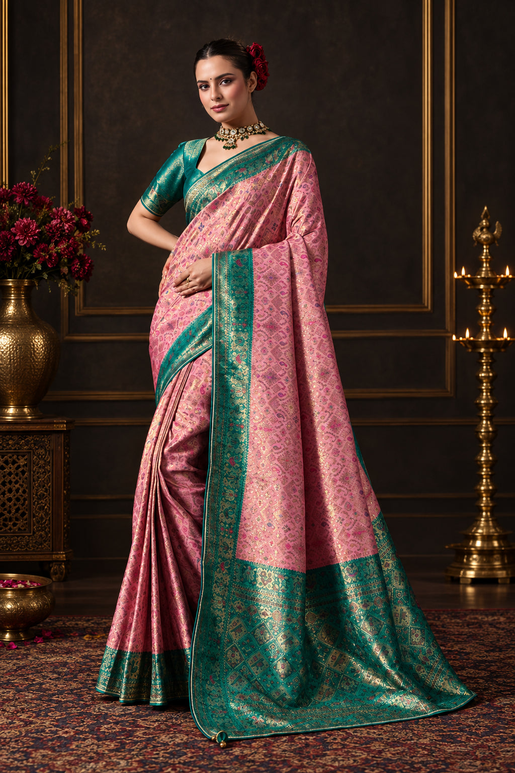 Rose Pink Kanjivaram Silk Meenakari Saree with Teal Border