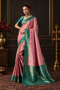 Rose Pink Kanjivaram Silk Meenakari Saree with Teal Border