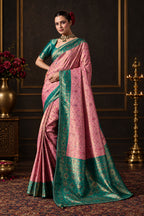 Rose Pink Kanjivaram Silk Meenakari Saree with Teal Border