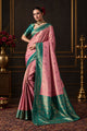 Rose Pink Kanjivaram Silk Meenakari Saree with Teal Border