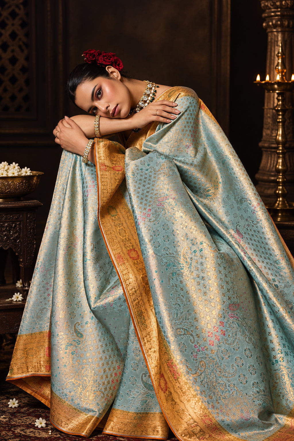 A woman models a light sage green and gold Patola silk saree with intricate woven motifs and a gold border, posed against a textured gray concrete wall. The brand logo 'Sethnic Lifestyle' is visible in the top right corner.