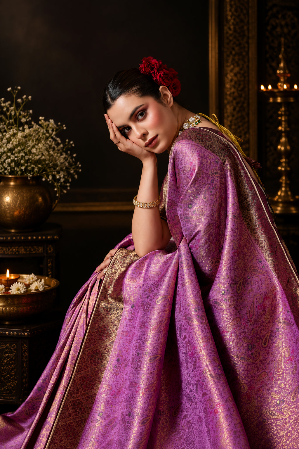 A woman wearing a purple and gold patterned sari poses against a textured gray wall. The sari has an ornate paisley-like metallic pattern and is styled with gold jewelry and a red flower in her hair.