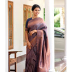 Women's Litchi silk Printed Saree With Unstitched Blouse (Navy Blue)