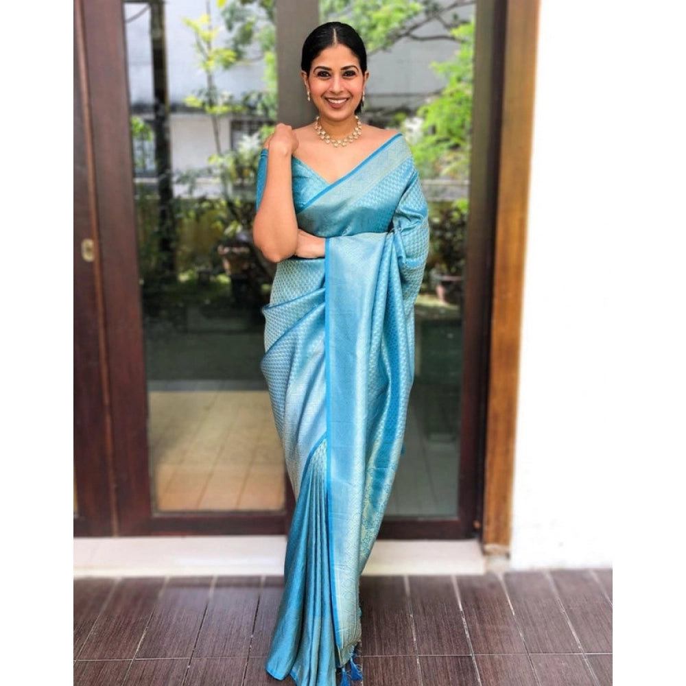 Women's Litchi silk Printed Saree With Unstitched Blouse (Sky Blue)