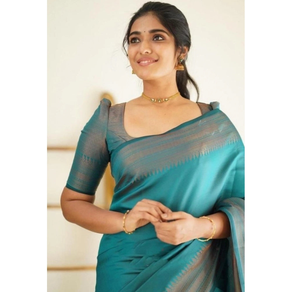 Women's Litchi silk Printed Saree With Unstitched Blouse (Rama Blue)