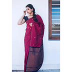 Women's Litchi silk Printed Saree With Unstitched Blouse (Red)
