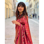 Women's Litchi silk Printed Saree With Unstitched Blouse (Red)