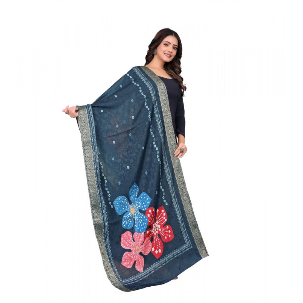 Women's chanderi silk  Printed Dupatta (Navy Blue, Length: 2 Mtr)