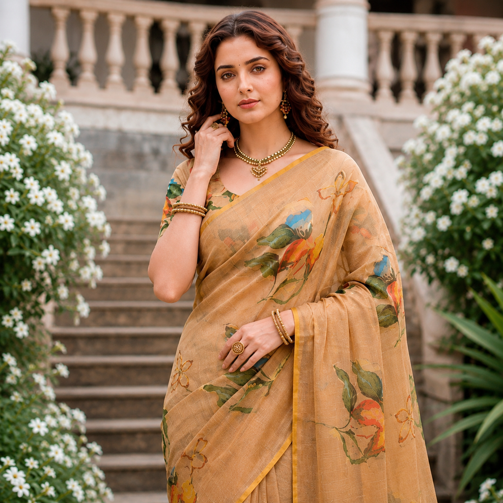 A woman wearing a beige printed saree with floral motifs stands in front of a stone staircase and white flowering plants. She is styled with gold jewelry.