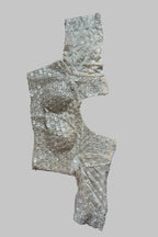 A beige and silver embellished lace garment laid flat on a dark gray fabric background.