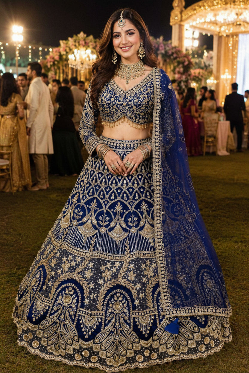 Heavy Net Embroidered Beads Work Bridal Lehenga Choli with Dupatta