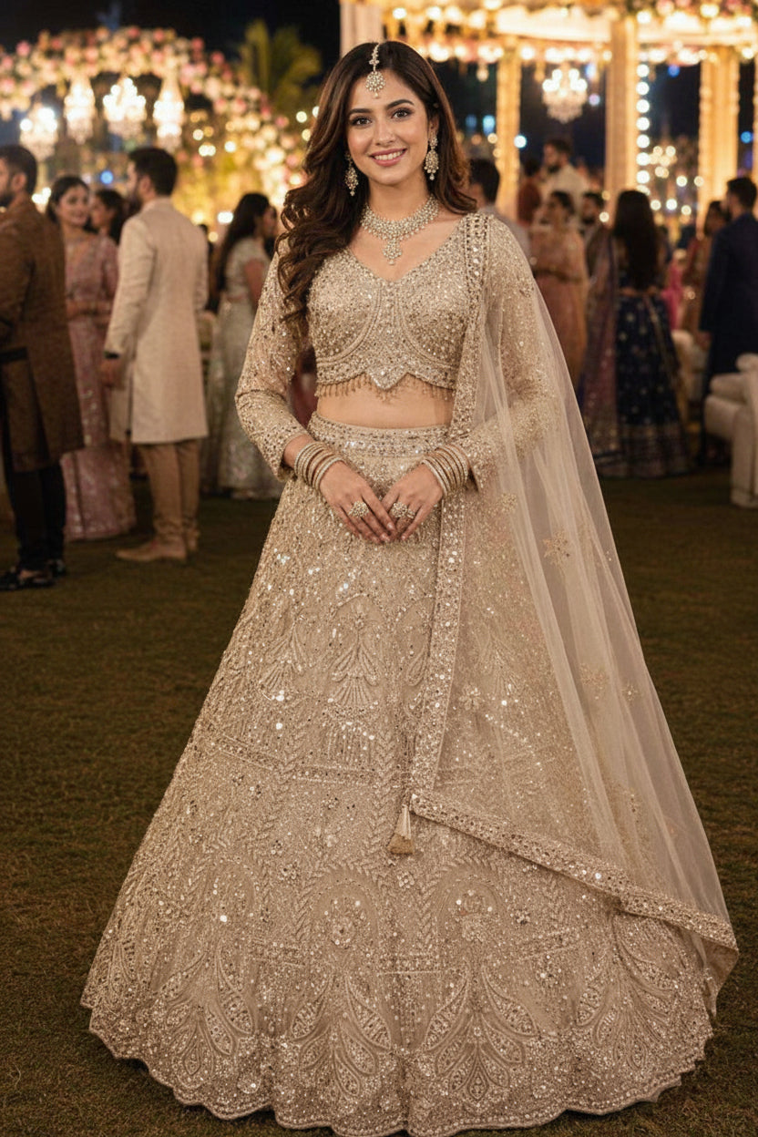 Heavy Net Embroidered Beads Work Bridal Lehenga Choli with Dupatta