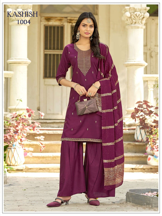 Rayon Sequins Embroidered Sharara Suit Set with Viscose Dupatta