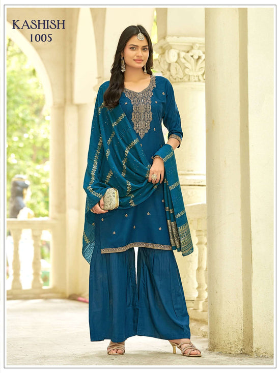 Rayon Sequins Embroidered Sharara Suit Set with Viscose Dupatta
