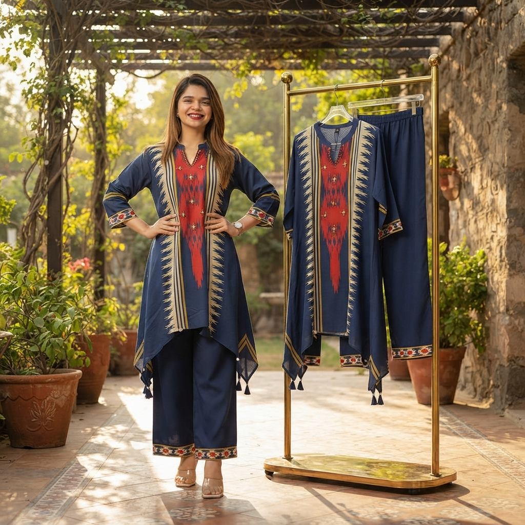 A woman stands outdoors on a stone walkway wearing a navy blue traditional outfit with a red embroidered chest panel and gold geometric trim. A matching garment set hangs on a gold clothing rack beside her.