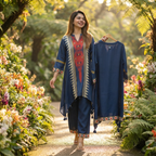A woman stands on a sunlit garden path holding up a navy blue kurta on a hanger, while wearing the same kurta. She is smiling and surrounded by lush green foliage and colorful flowers.