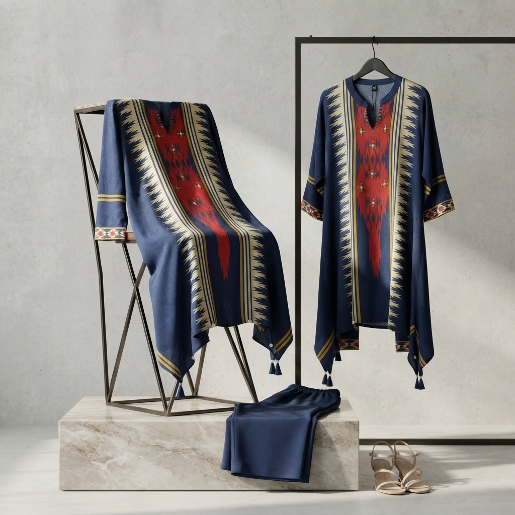 A navy blue kaftan-style tunic with a bold red, beige, and white geometric tribal pattern is displayed on a chair and hanging in a black rack, with matching folded fabric and beige flat sandals on a light stone pedestal against a textured gray wall.