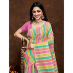 Women's Cotton Blended Printed Saree With Unstitched Blouse 5.5Mtr (Pink)