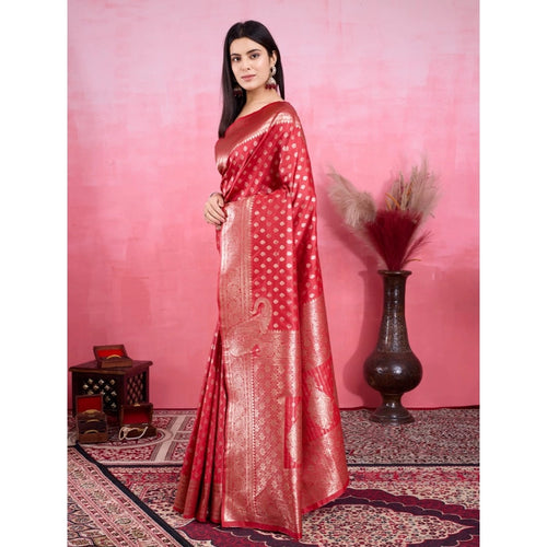 Women's Banarasi Silk Printed Saree With Unstitched Blouse 5.5Mtr (Red)