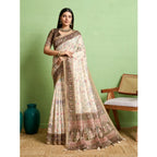 Women's Silk Blend Printed Saree With Unstitched Blouse 5.5Mtr (Cream)