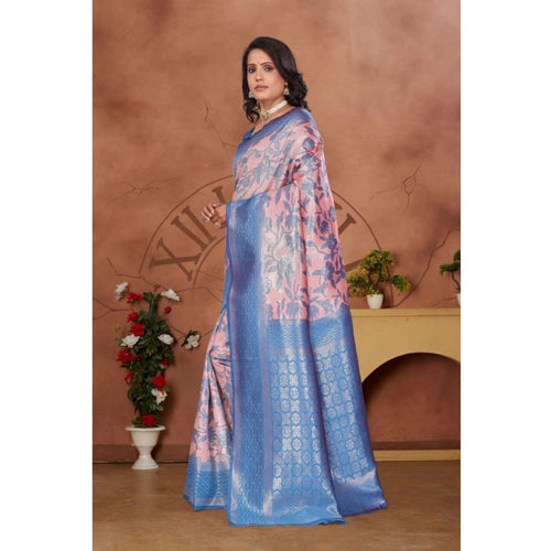 Women's Banarasi Silk Jaquard Woven Saree With Unstitched Blouse 5.5Mtr (Pink)