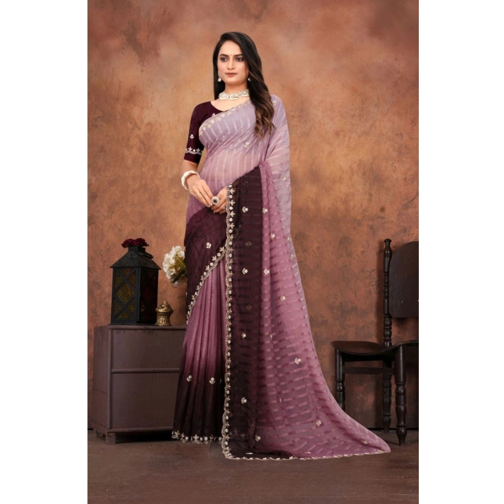 Women's Chiffon Embroidred Saree With Unstitched Blouse 5.5Mtr (Beige)