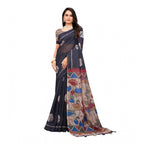 Women's Linen Printed Saree With Unstitched Blouse 5.5Mtr (Black)