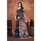 Women's Linen Printed Saree With Unstitched Blouse 5.5Mtr (Black)