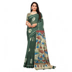 Women's Linen Printed Saree With Unstitched Blouse 5.5Mtr (Dark Green)