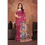 Women's Linen Printed Saree With Unstitched Blouse 5.5Mtr (Purple)
