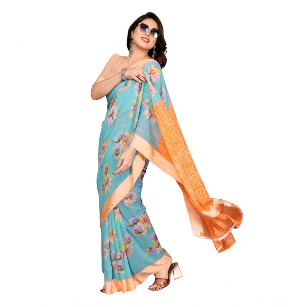 Women's Georgette Printed Saree With Unstitched Blouse 5.5Mtr (Light Blue)