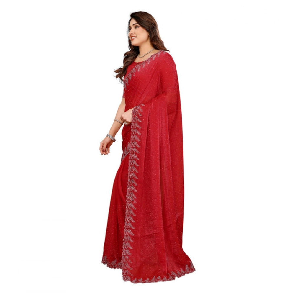 Women's Georgette Printed Saree With Unstitched Blouse 5.5Mtr (Red)