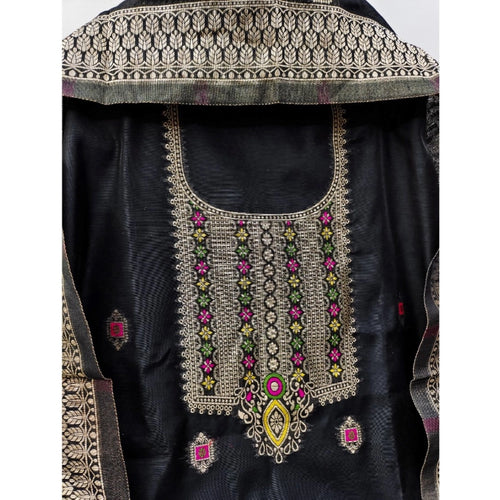 Women's Banarasi Silk Printed Unstitched Salwar Suit Material With Dupatta (Black, 3Mtrs)