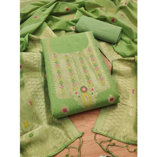 Women's Banarasi Silk Printed Unstitched Salwar Suit Material With Dupatta (Pista, 3Mtrs)
