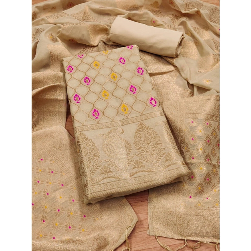 Women's Banarasi Silk Printed Unstitched Salwar Suit Material With Dupatta (Cream, 3Mtrs)