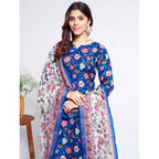 Women's Cotton Blend Printed Kurti With Pant Dupatta Set (Blue)