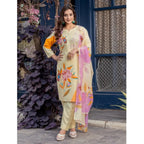 Women's Cotton Blend Printed Kurti With Pant Dupatta Set (Cream)
