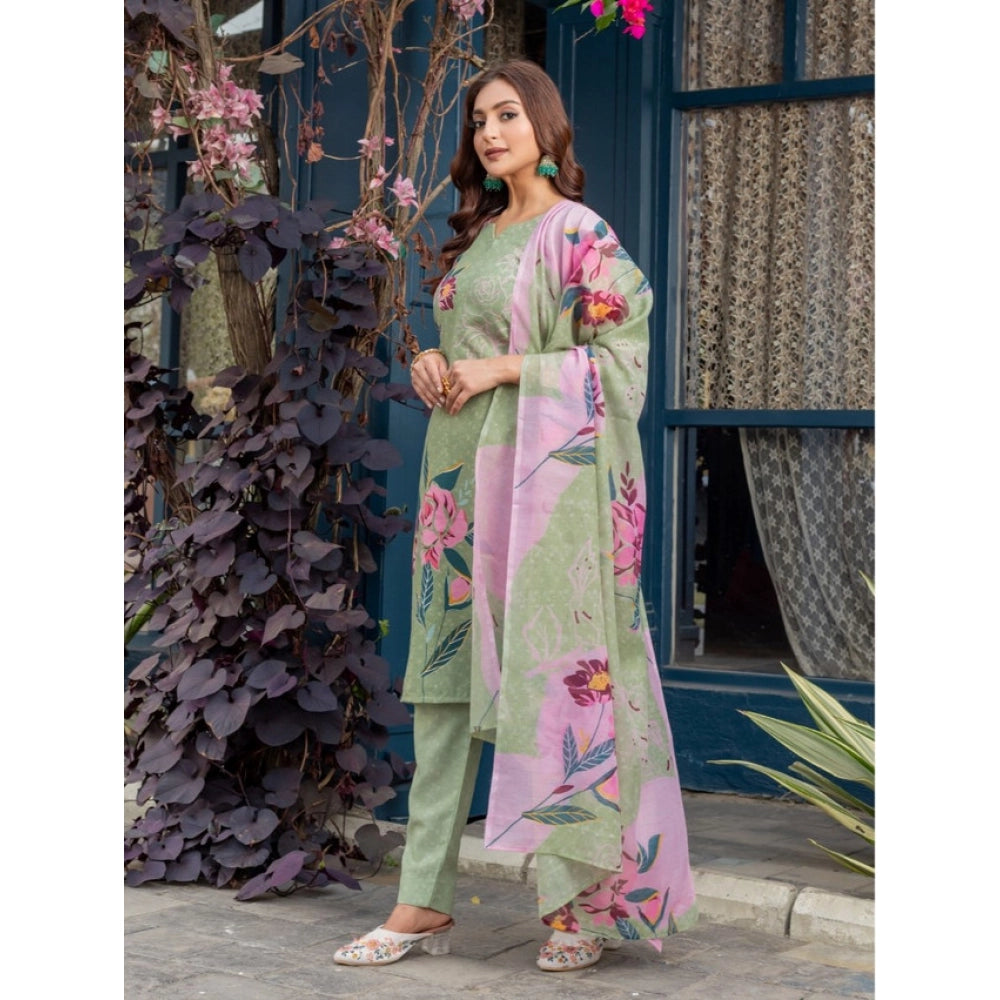 Women's Cotton Blend Printed Kurti With Pant Dupatta Set (Mehendi)