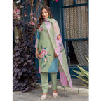 Women's Cotton Blend Printed Kurti With Pant Dupatta Set (Mehendi)