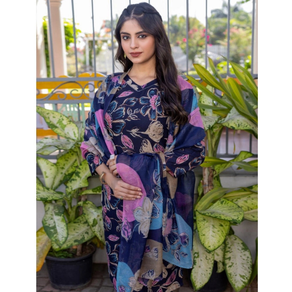 Women's Cotton Blend Printed Kurti With Pant Dupatta Set (NavyBlue)