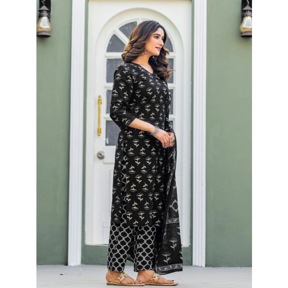 Women's Cotton Blend Printed Kurti With Pant Dupatta Set (Black)
