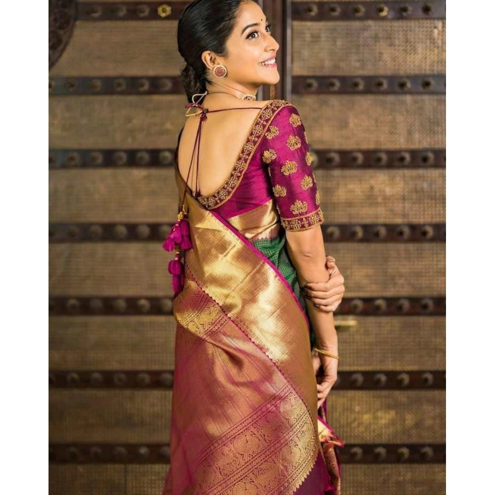 Women's Soft Lichi Silk Printed Saree With Unstitched Blouse 5.5Mtr (Green)