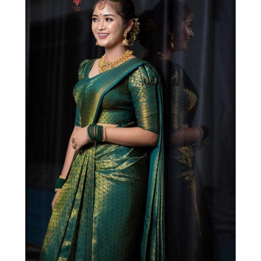 Women's Soft Lichi Silk Printed Saree With Unstitched Blouse 5.5Mtr (Green)