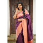Women's Soft Lichi Silk Printed Saree With Unstitched Blouse 5.5Mtr (Purple)