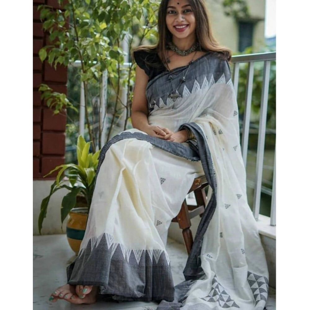 Women's Soft Lilan Printed Saree With Unstitched Blouse 5.5Mtr (White-Black)