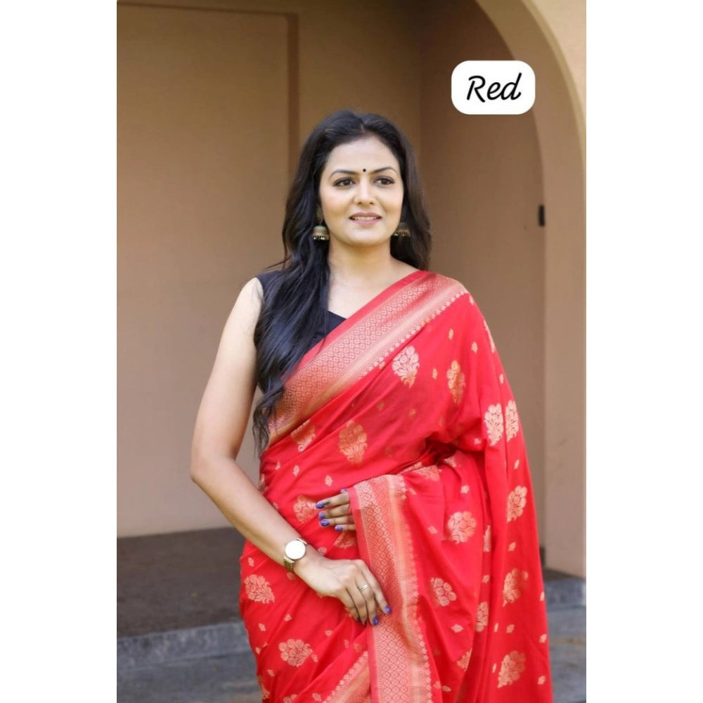 Women's Soft Lichi Silk Printed Saree With Unstitched Blouse 5.5Mtr (Red)