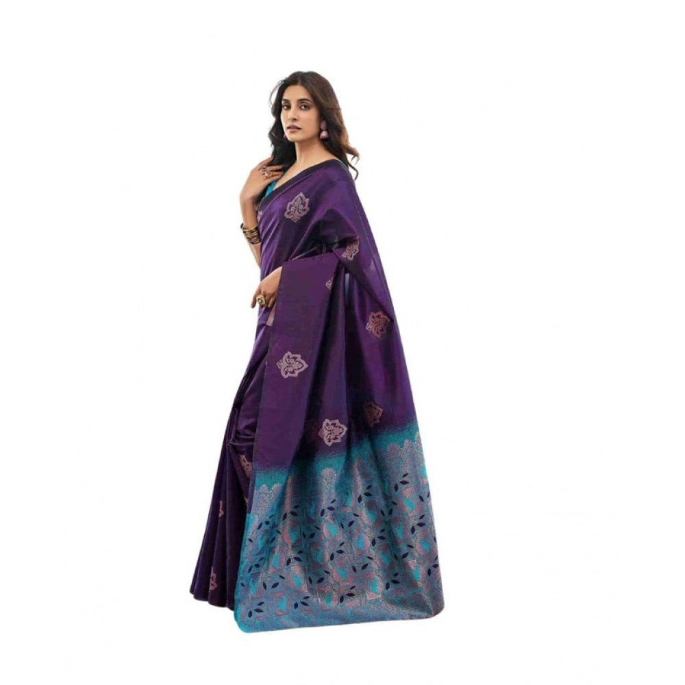 Women's Soft Lichi Silk Printed Saree With Unstitched Blouse 5.5Mtr (Blue)